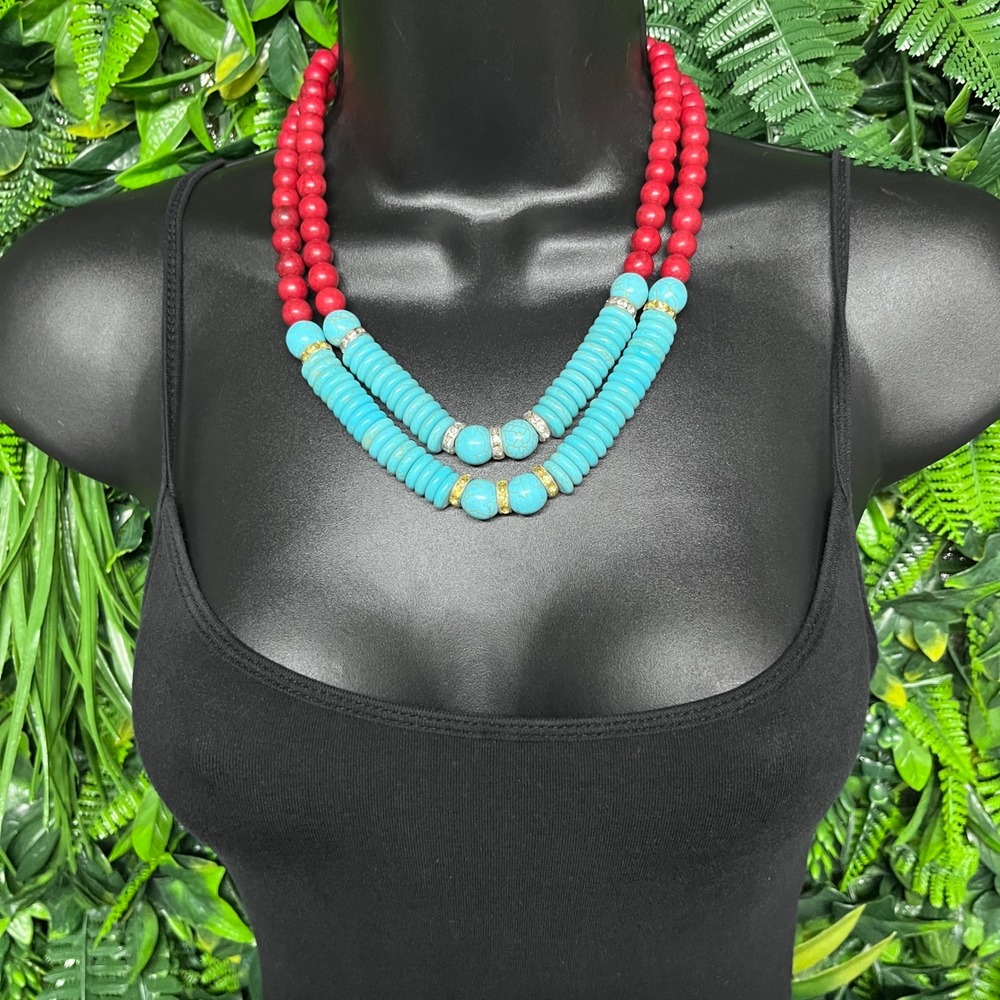 Red and Turquoise Double Strand Beaded Statement Necklace Southwestern Boho 3979